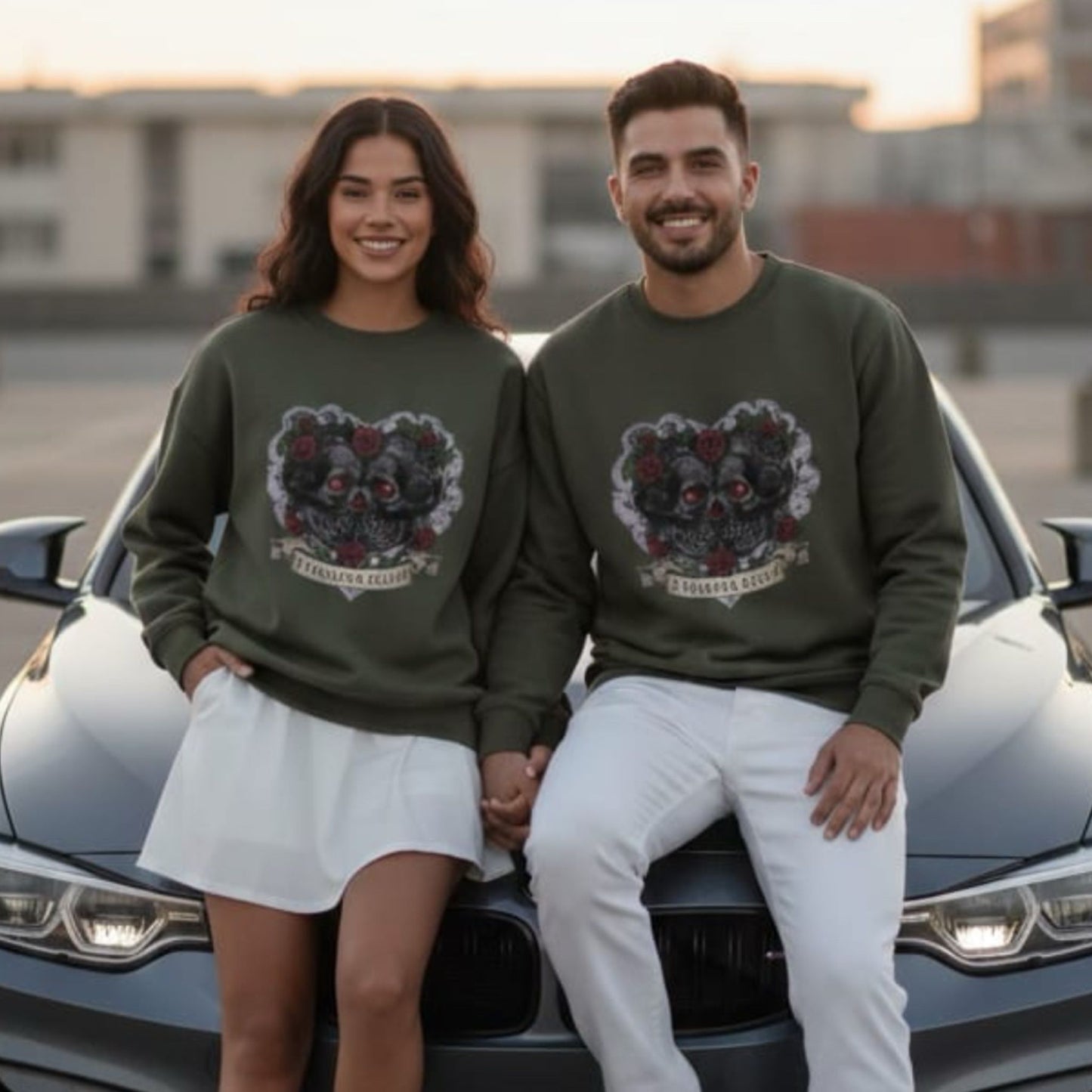 Yeşil Çift Kombini Oversize Kurukafa Sweatshirt