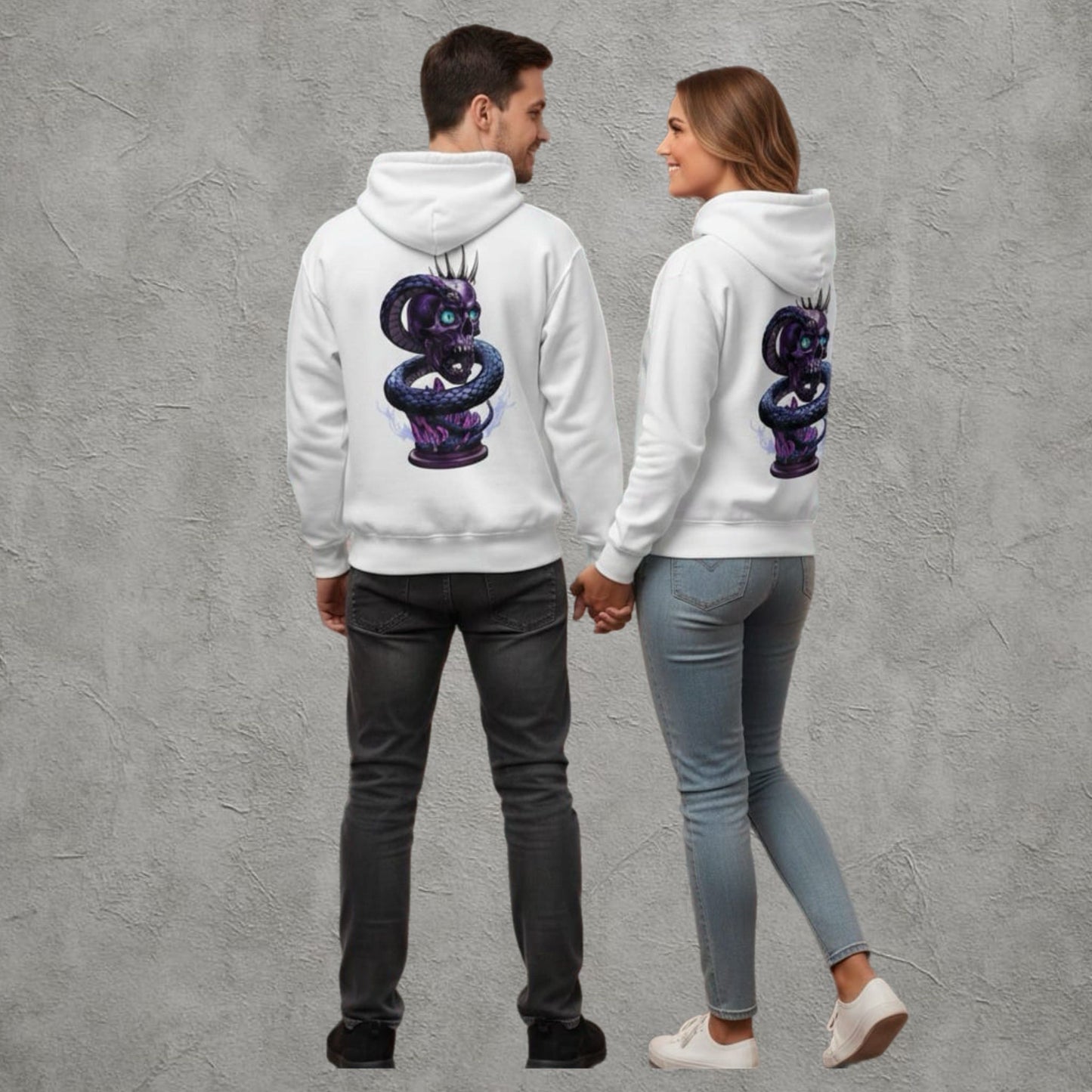 Kurukafa Yılan Baskılı Beyaz Çift Kombini Kapüşonlu Sweatshirt