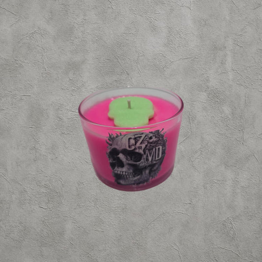 Skull Aura – Pembe Soya Wax Mum | Yeşil Kurukafa Detaylı