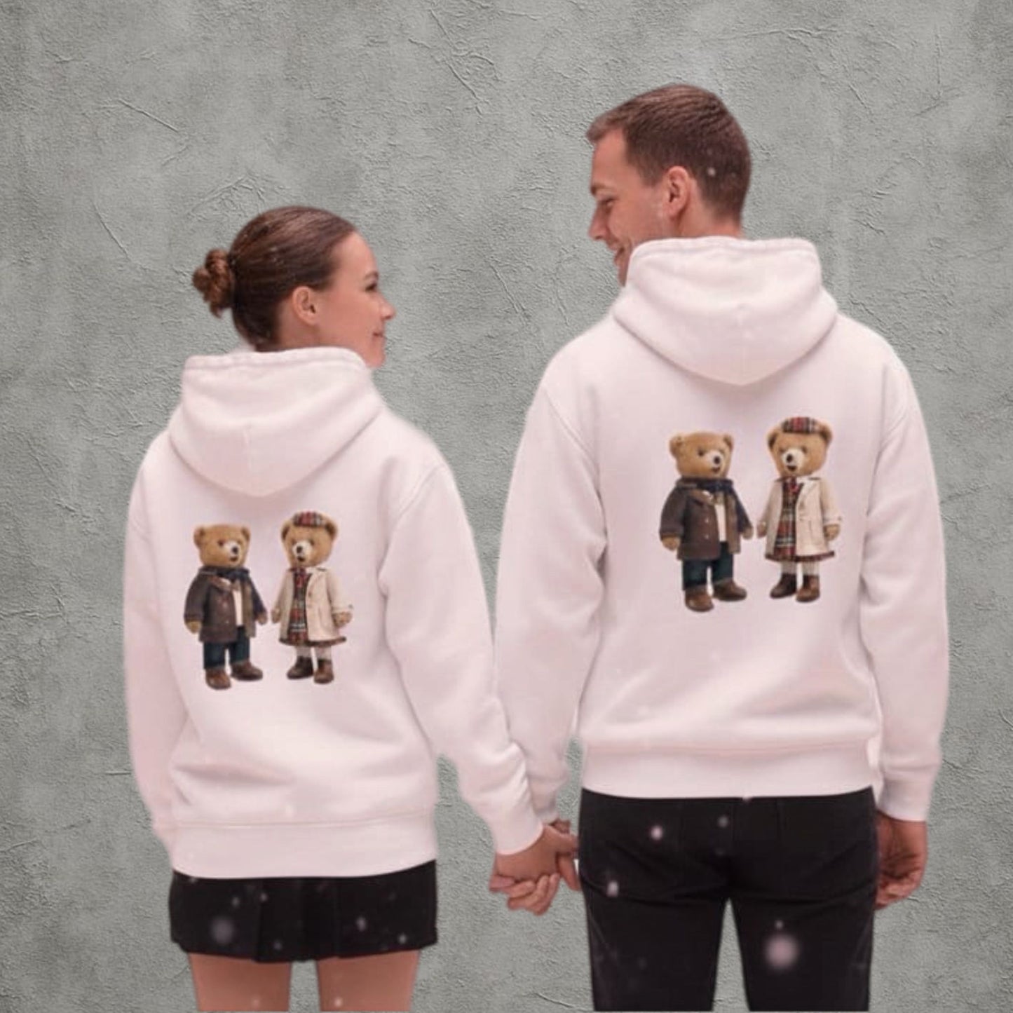 Sevgili Ayıcıklar Baskılı Beyaz Çift Kombini Kapüşonlu Sweatshirt