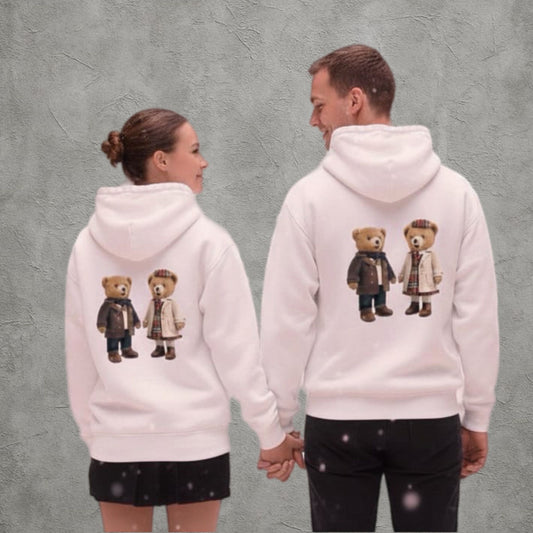 Sevgili Ayıcıklar Baskılı Beyaz Çift Kombini Kapüşonlu Sweatshirt