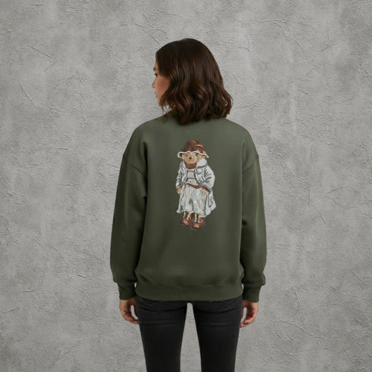 Şapkalı Ayı Baskılı Yeşil Oversize Sweatshirt