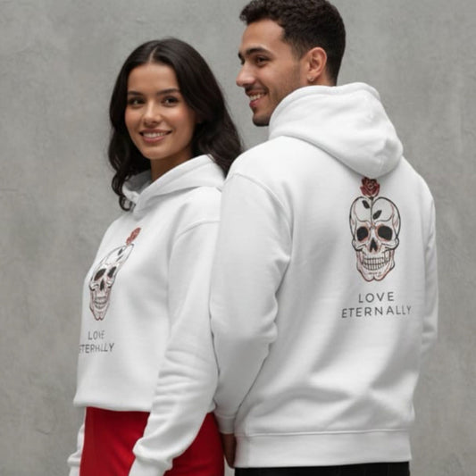 Love Eternally Kurukafa Baskılı Beyaz Çift Kombini Kapüşonlu Sweatshirt