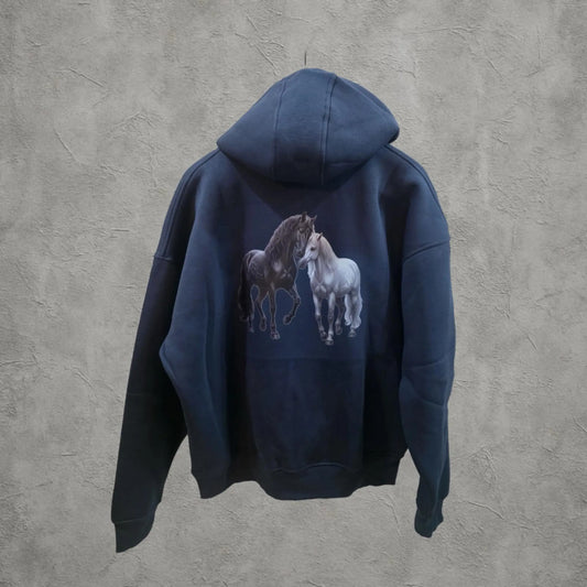 Sevgili Atlar Baskılı Koyu Mavi Kapüşonlu Sweatshirt