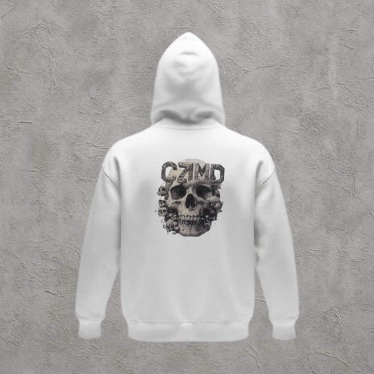 Kurukafa Baskılı Beyaz Kapüşonlu Oversize Hoodie